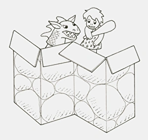 Black and white illustration of dragon and stone age girl hand puppets behind a cardboard Black and white illustration of dragon and stone age girl hand puppets behind a cardboard