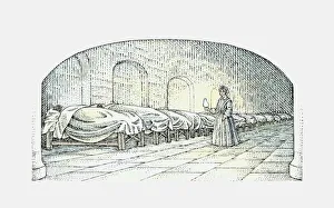 Black and white illustration of Florence Nightingale walking with lamp near beds of injured Soldiers Black and white illustration of Florence Nightingale walking with lamp near beds of injured Soldiers
