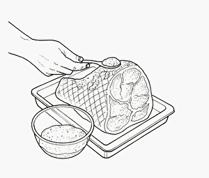 Black and white illustration of glazing roast ham with brown sugar over fat Black and white illustration of glazing roast ham with brown sugar over fat