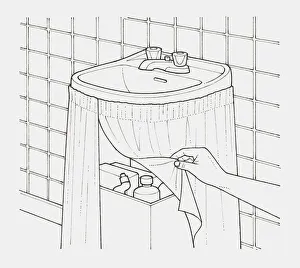 Black and white illustration of hand lifting edge of a curtain hung from a basin Black and white illustration of hand lifting edge of a curtain hung from a basin