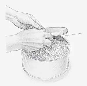 Black and white illustration of hand placing lid onto tin Black and white illustration of hand placing lid onto tin