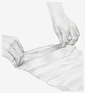 Black and white illustration of hands pleating a strip of tissue paper Black and white illustration of hands pleating a strip of tissue paper