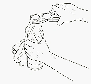 Black and white illustration of holding bottle with tea towel and using pliers to unscrew lid Black and white illustration of holding bottle with tea towel and using pliers to unscrew lid
