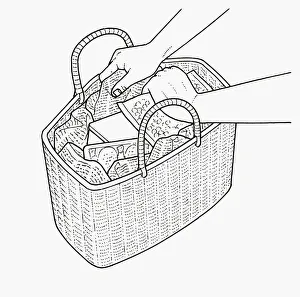 Black and white illustration of lining shopping basket with crumpled newspaper to Black and white illustration of lining shopping basket with crumpled newspaper to
