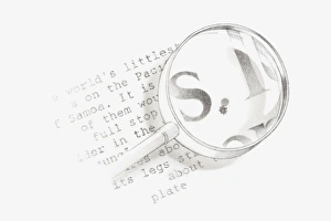 Black and white Illustration of a magnifying glass held over a section of text from a Black and white Illustration of a magnifying glass held over a section of text from a