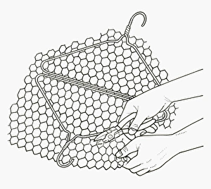Black and white illustration of making hinged wire barbecue rack from coathanger and wire mesh Black and white illustration of making hinged wire barbecue rack from coathanger and wire mesh