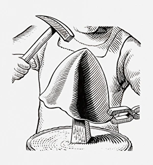 Black and white illustration of medieval armourer making helmet Black and white illustration of medieval armourer making helmet