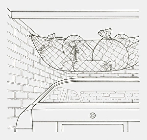 Black and white illustration of a net hung across a garages ceiling Black and white illustration of a net hung across a garages ceiling