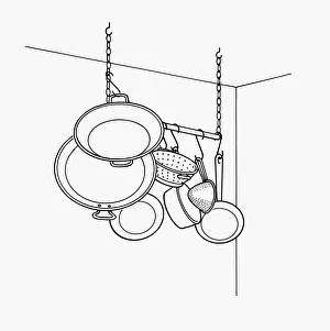 Black and white illustration pans hanging from pan rack Black and white illustration pans hanging from pan rack