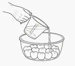 Black and white illustration of pouring fruit liqueur on poached apricots in glass bowl Black and white illustration of pouring fruit liqueur on poached apricots in glass bowl