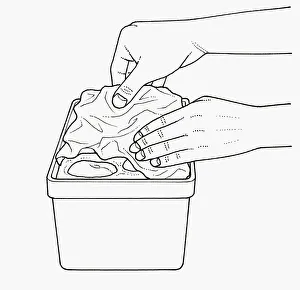 Black and white illustration of putting crumpled paper on cooked fruits to keep them Black and white illustration of putting crumpled paper on cooked fruits to keep them