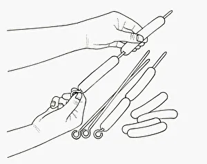 Black and white illustration of putting hot dog sausages on skewer Black and white illustration of putting hot dog sausages on skewer