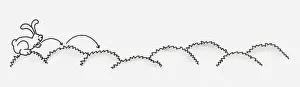 Black and white illustration of a rabbit hopping across small hills Black and white illustration of a rabbit hopping across small hills