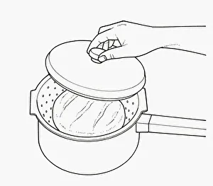 Black and white illustration of reviving stale loaf of bread by steaming in colander in Black and white illustration of reviving stale loaf of bread by steaming in colander in
