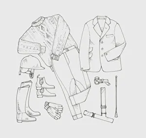 Black and white illustration of riding habit and whip, stirrup torch and fluorescent belt Black and white illustration of riding habit and whip, stirrup torch and fluorescent belt