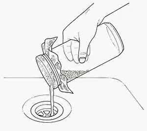 Black and white illustration of rinsing mung beans with water through muslin on top of jar Black and white illustration of rinsing mung beans with water through muslin on top of jar