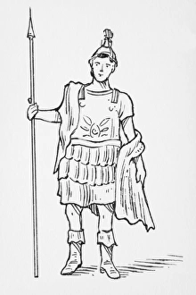 Black and white illustration of Roman God Mars holding spiculum Black and white illustration of Roman God Mars holding spiculum