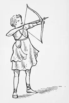 Black and white illustration of Roman goddess Diana holding a bow and arrow Black and white illustration of Roman goddess Diana holding a bow and arrow