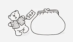 Black and white illustration of a small teddy with a price tag, next to a purse Black and white illustration of a small teddy with a price tag, next to a purse