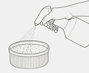 Black and white illustration of spraying water into souffle bowl Black and white illustration of spraying water into souffle bowl