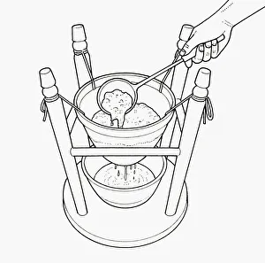 Black and white illustration of straining jelly through bag tied to upturned stool with bowl on base Black and white illustration of straining jelly through bag tied to upturned stool with bowl on base