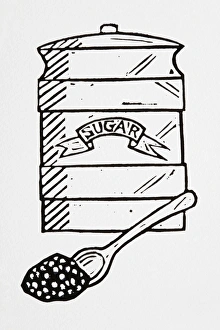 Black and white illustration of sugar in jar and spoon Black and white illustration of sugar in jar and spoon