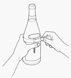 Black and white illustration of taping corkscrew to wine bottle Black and white illustration of taping corkscrew to wine bottle