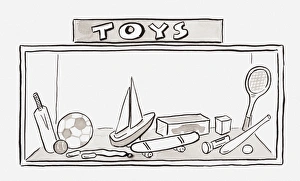 Black and white illustration of toys displayed in shop window Black and white illustration of toys displayed in shop window