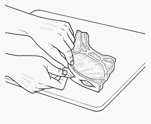 Black and white illustration of tucking dried apricots into slit it pork chop fat Black and white illustration of tucking dried apricots into slit it pork chop fat
