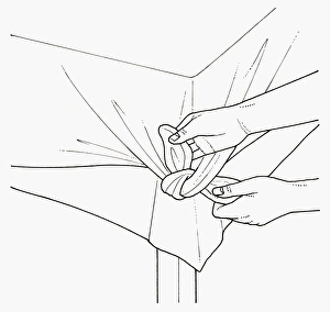 Black and white illustration of tying tablecloth edge Black and white illustration of tying tablecloth edge