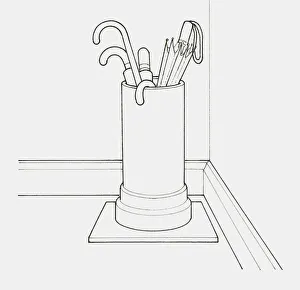 Black and white illustration of umbrellas stored in an old earthenware pipe Black and white illustration of umbrellas stored in an old earthenware pipe