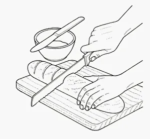 Black and white illustration of using bread knife to cut baguette into thick slices Black and white illustration of using bread knife to cut baguette into thick slices