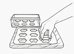 Black and white illustration using pastry cutter to cut shapes from pastry on chopping board Black and white illustration using pastry cutter to cut shapes from pastry on chopping board
