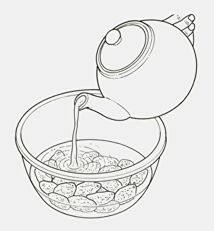 Black and white illustration of water being poured onto dried fruit in a bowl, to soak Black and white illustration of water being poured onto dried fruit in a bowl, to soak