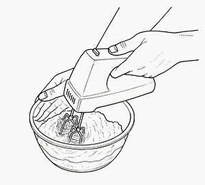 Black and white illustration of whisking ingredients in bowl using electric whisk Black and white illustration of whisking ingredients in bowl using electric whisk