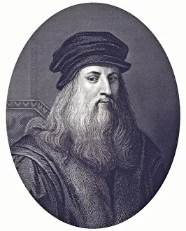 Black and white print portrait of Leonardo da Vinci Black and white print portrait of Leonardo da Vinci