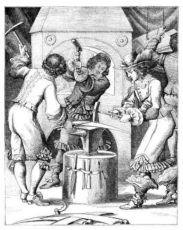 Blacksmith forging scythe and sickle 17th century Paris France Blacksmith forging scythe and sickle 17th century Paris France