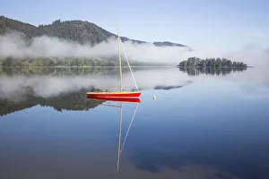 Boat on the lake, morning mist, Schliersee Lake, Schliersee, Upper Bavaria, Bavaria Boat on the lake, morning mist, Schliersee Lake, Schliersee, Upper Bavaria, Bavaria