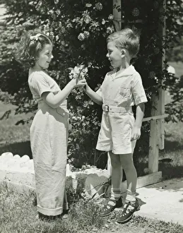 Boy (4-5) giving girl (4-5) flowers, (B&W) Boy (4-5) giving girl (4-5) flowers, (B&W)