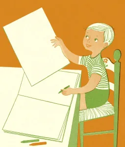 Retro Style Artwork Prints: Boy Sitting at a Table with Notepad