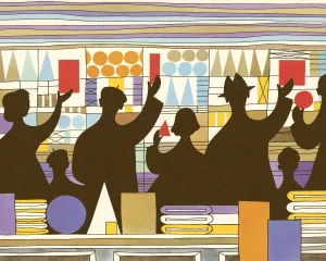 Retro Revival Style Art Prints: Group of People with Objects