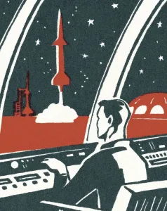 Fine Art Illustrations Online Prints: Man at Control Panel During Rocket Launch