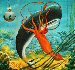 Squid Attacking Whale Print - Captivating Art Illustrations
