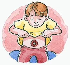Cartoon boy lifting yellow T-shirt and looking down at belly button on abdomen Cartoon boy lifting yellow T-shirt and looking down at belly button on abdomen