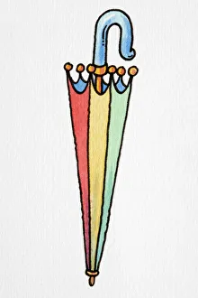 Cartoon, closed colourful umbrella with curved blue handle Cartoon, closed colourful umbrella with curved blue handle