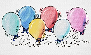 Cartoon, colourful selection of six balloons tied with blue bows Cartoon, colourful selection of six balloons tied with blue bows