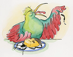 Cartoon of dead Shield bug on plate and chicken grimacing as it spits out a leg of the Cartoon of dead Shield bug on plate and chicken grimacing as it spits out a leg of the