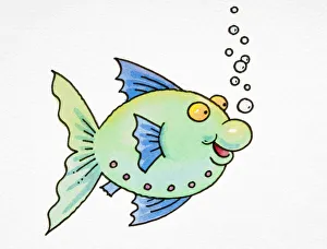 Cartoon, green fish with blue fins and gills, smiling with air bubbles rising from its mouth, side view Cartoon, green fish with blue fins and gills, smiling with air bubbles rising from its mouth, side view