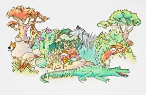 Cartoon, jungle scene with variety of animal species emerging from behind rocks Cartoon, jungle scene with variety of animal species emerging from behind rocks