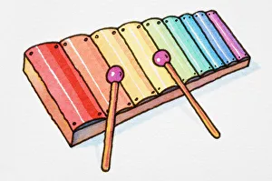 Cartoon, multicoloured metallophone with pair of mallets Cartoon, multicoloured metallophone with pair of mallets
